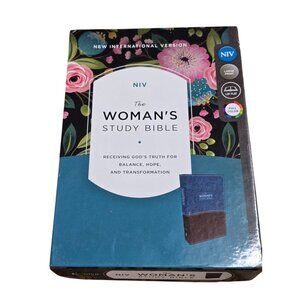 NIV Womans Study Bible Large Print Leather Leathersoft Blue Brown Floral Design